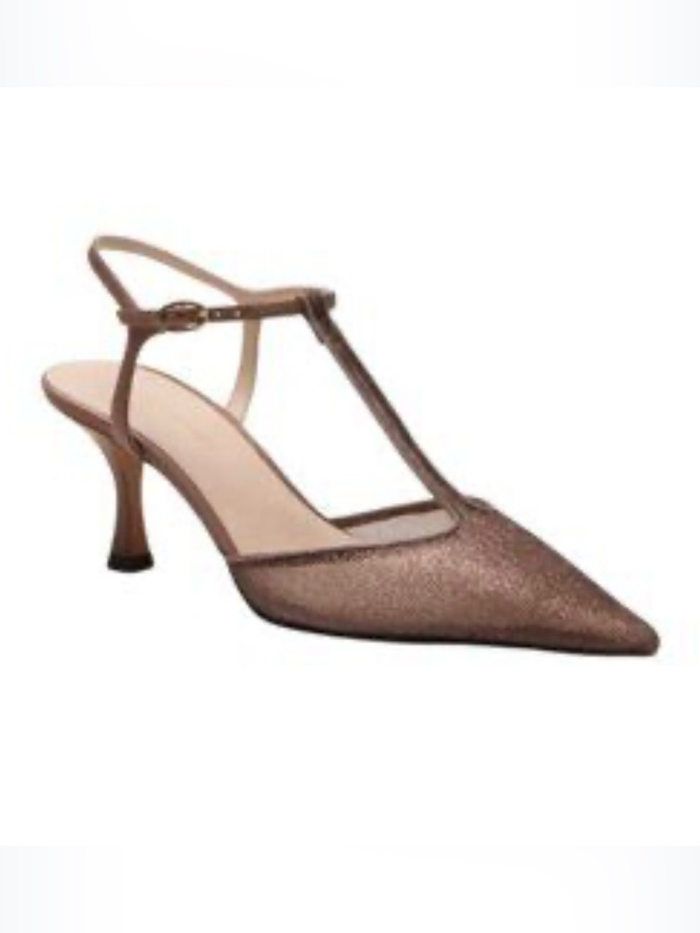 Women’s T-Strap Pointed Toe Slingback Pumps in Bronze Mesh Margo Heels